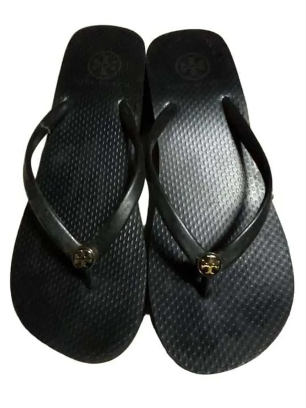 Tory Burch Black Rubber Wedge Flip Flops Sandals with Gold Logo